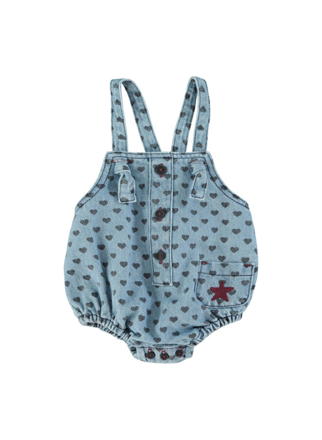 Baby romper - Washed blue denim w/ black hearts