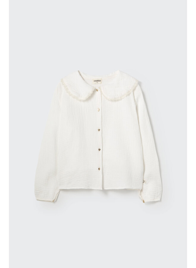 Cozmo - Soft textured cotton collar blouse – White-soft textured cotton