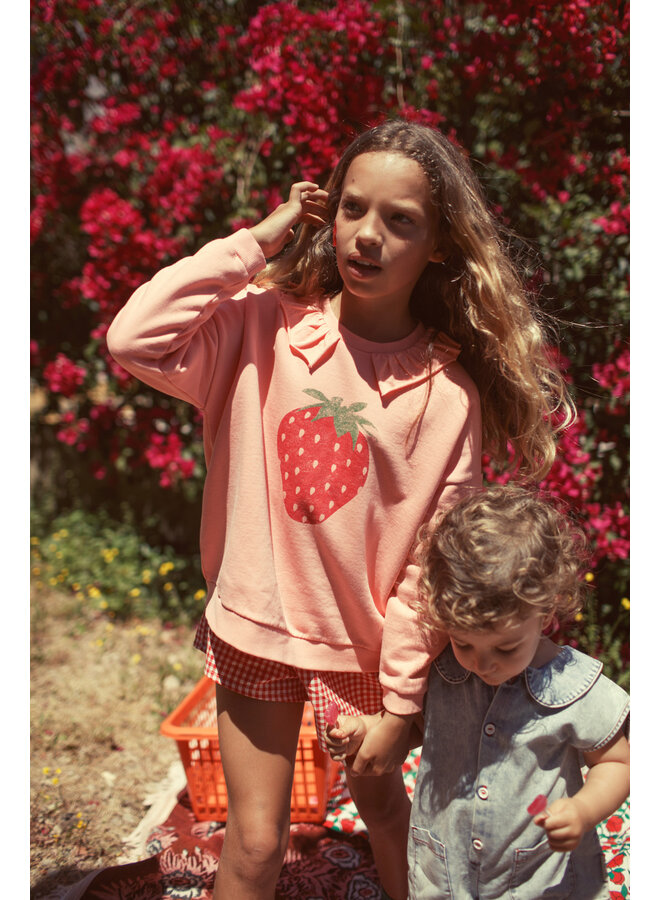 Piupiuchick - Sweatshirt w/ collar - Light pink w/ strawberry print