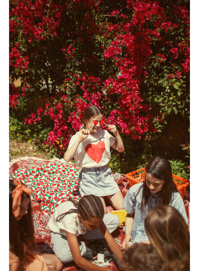 Piupiuchick - T-shirt w/ collar - Ecru w/ red heart print