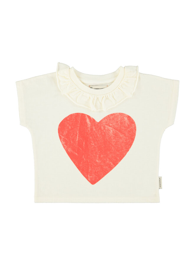 Piupiuchick - T-shirt w/ collar - Ecru w/ red heart print