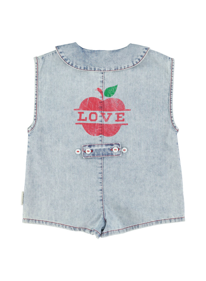 Piupiuchick - Short sleeveless jumpsuit - Blue light denim w/ apple print