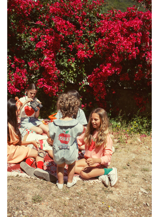 Piupiuchick - Short sleeveless jumpsuit - Blue light denim w/ apple print