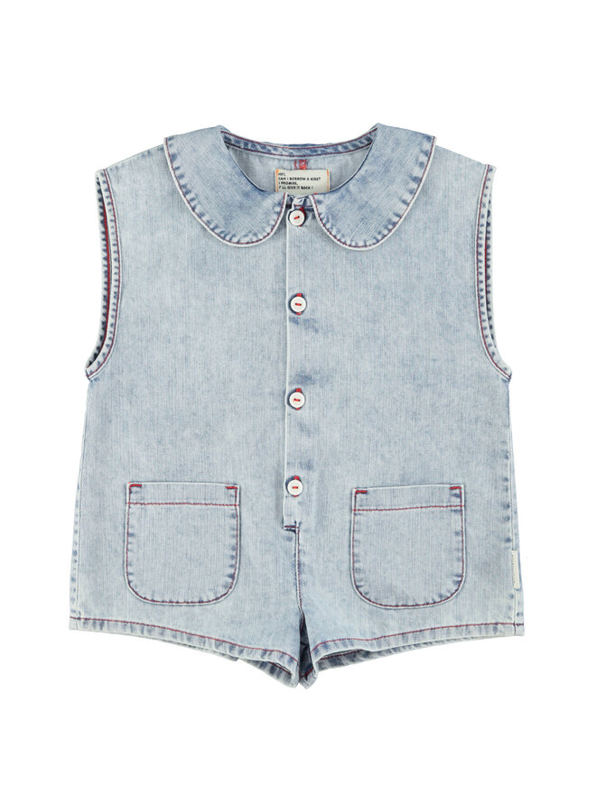 Short sleeveless jumpsuit - Blue light denim w/ apple print