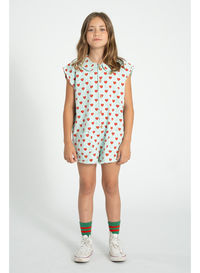 Piupiuchick - Short sleeveless jumpsuit - Light blue w/ red hearts