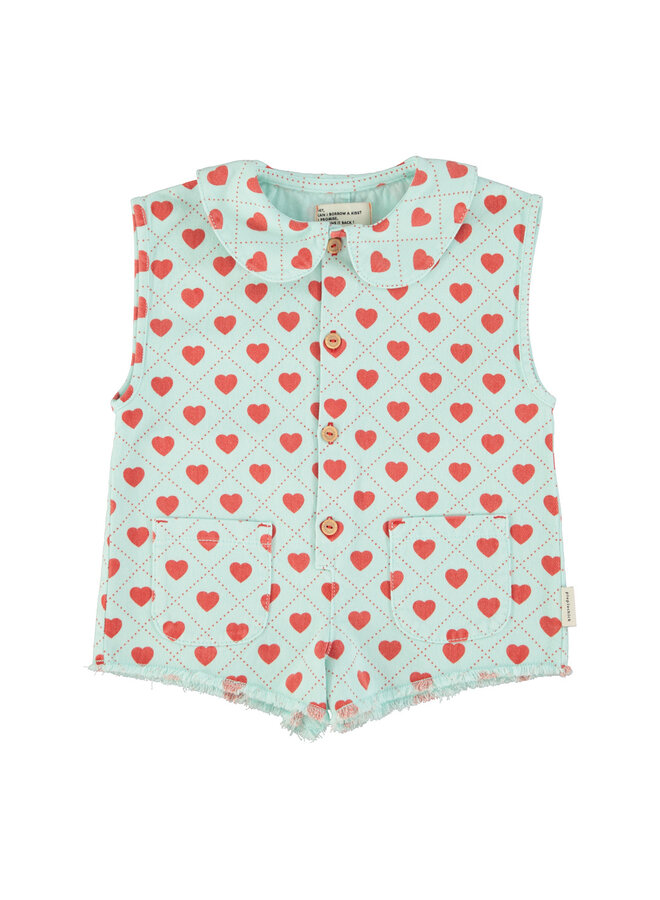 Piupiuchick - Short sleeveless jumpsuit - Light blue w/ red hearts
