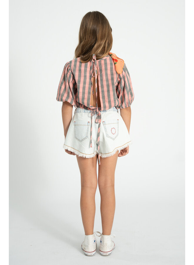 Piupiuchick - Cropped blouse w/ baloon sleeves - Pink & green checkered