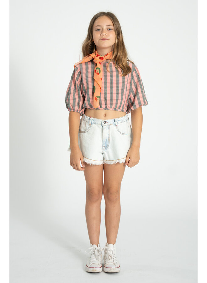 Piupiuchick - Cropped blouse w/ baloon sleeves - Pink & green checkered