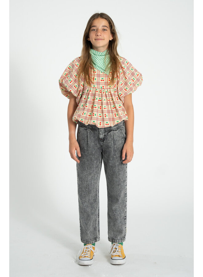 Piupiuchick - Cropped blouse w/ baloon sleeves - Light yellow w/ cherries allover