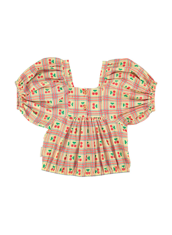 Piupiuchick - Cropped blouse w/ baloon sleeves - Light yellow w/ cherries allover