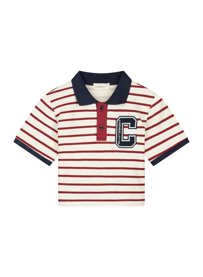 Charlie Petite - Pam cropped polo t-shirt - Stripes bordeaux/navy/ecru