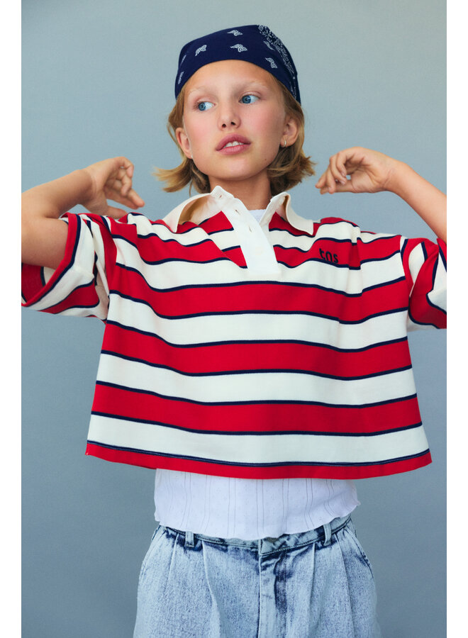 The New Society - Acacia polo - Tulip red & Minight stripes