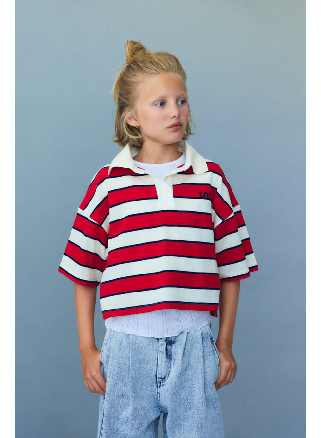 The New Society - Acacia polo - Tulip red & Minight stripes