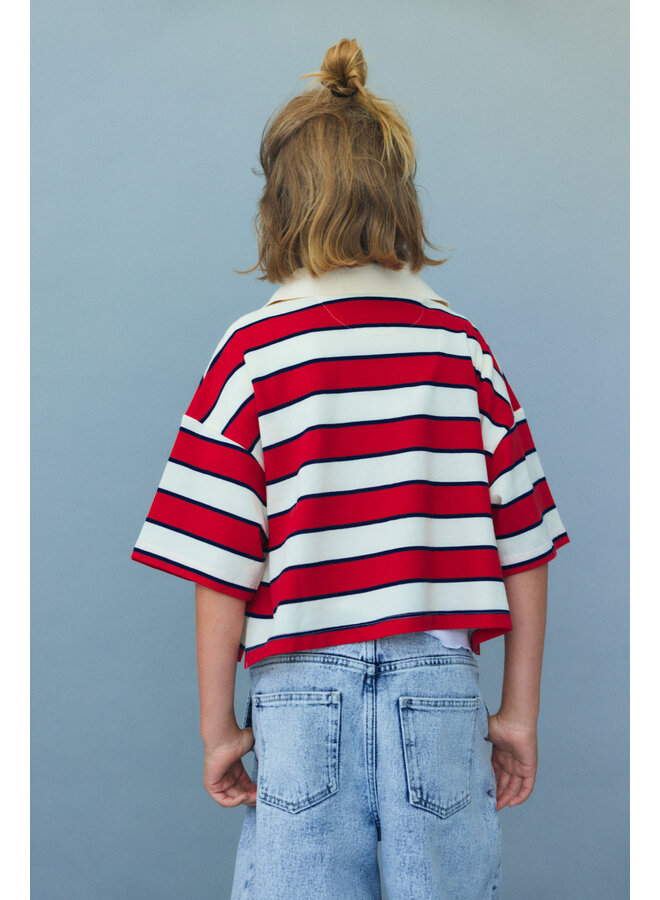 The New Society - Acacia polo - Tulip red & Minight stripes