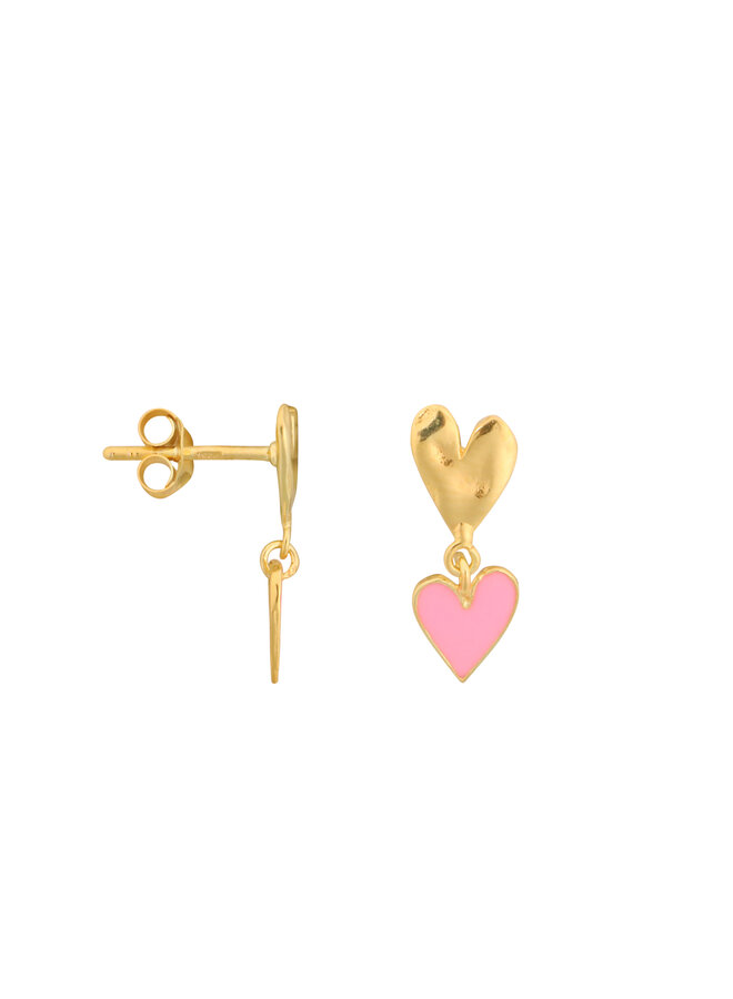 Bibi Camille - Medium two hearts stud earring - Gold light pink enamel