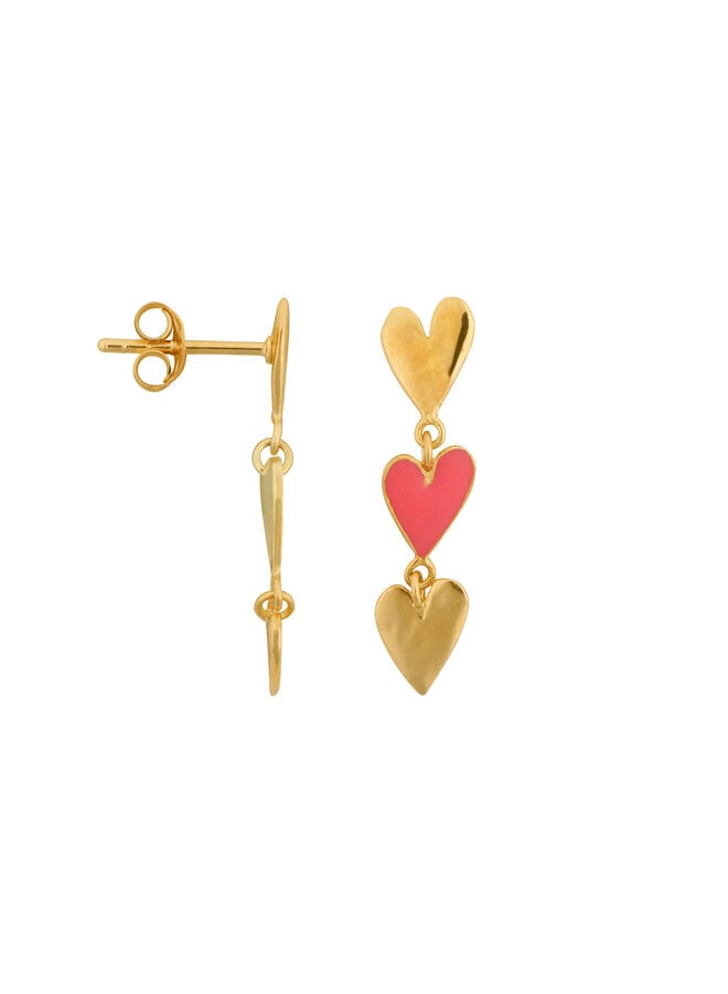 Medium three hearts stud earring - Gold neon pink enamel