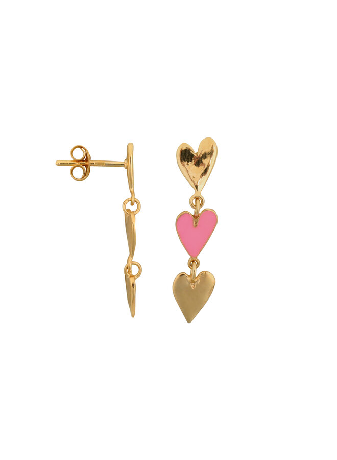 Medium three hearts stud earring - Gold light pink enamel