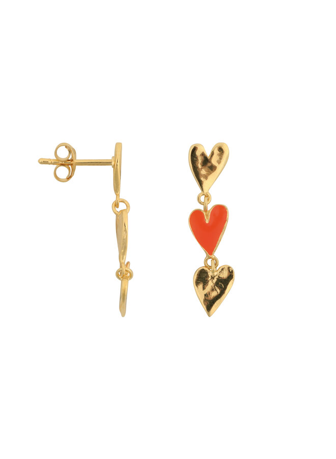 Bibi Camille - Medium three hearts stud earring - Gold neon coral enamel