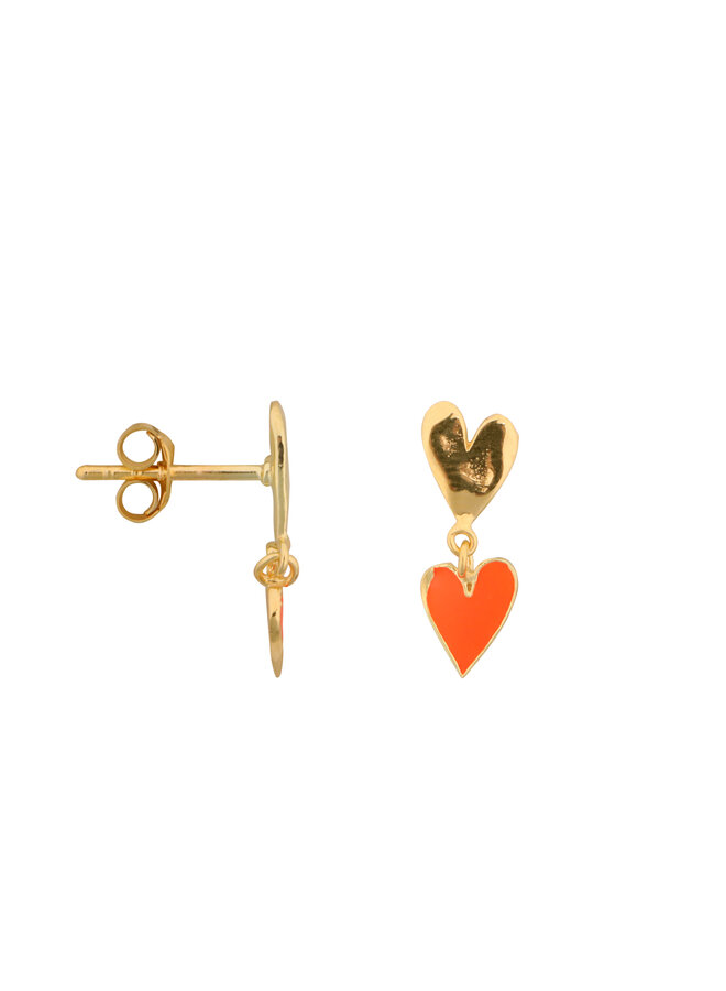 Medium two hearts stud earring - Gold neon coral enamel