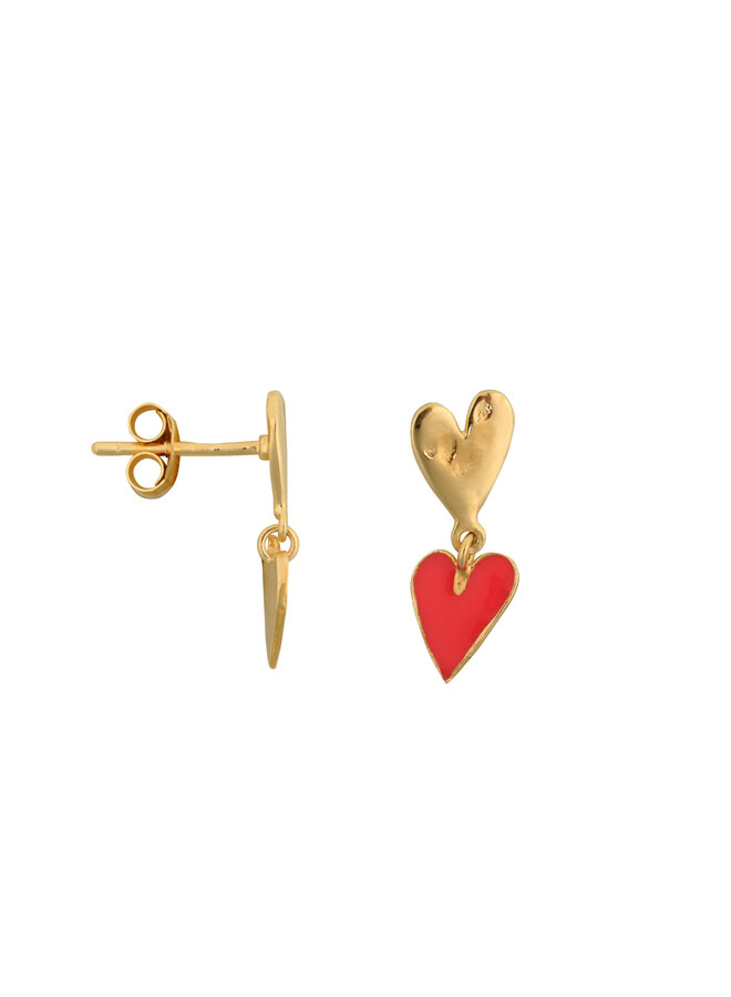 Medium two hearts stud earring - Gold neon pink enamel