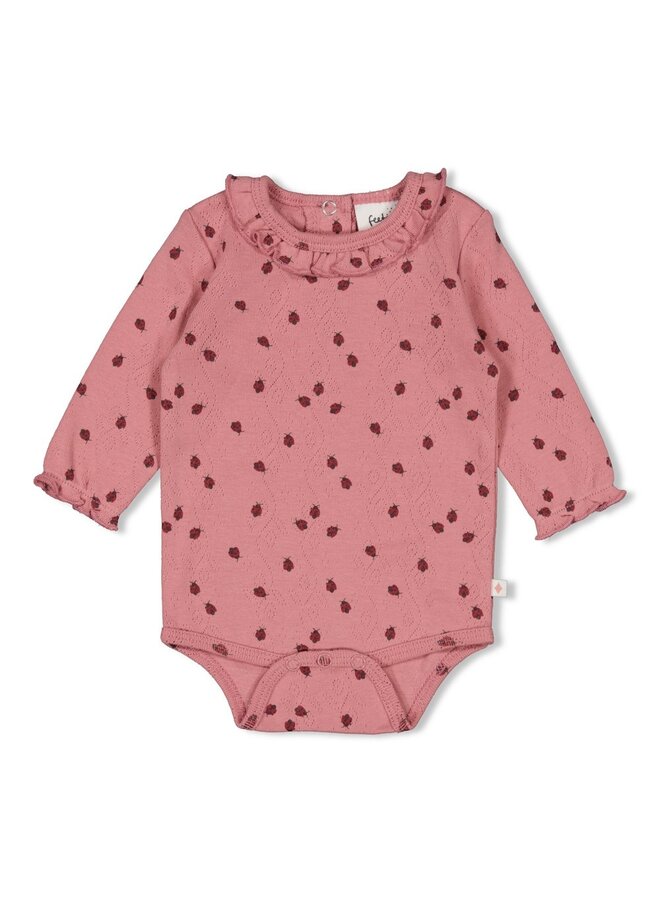 Romper ajour rib AOP - Ladybug - Roze