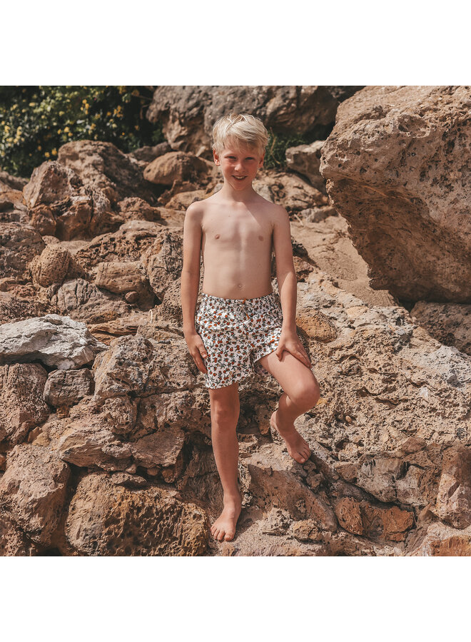 Salted Stories - Pommegranate swim shorts - White swan