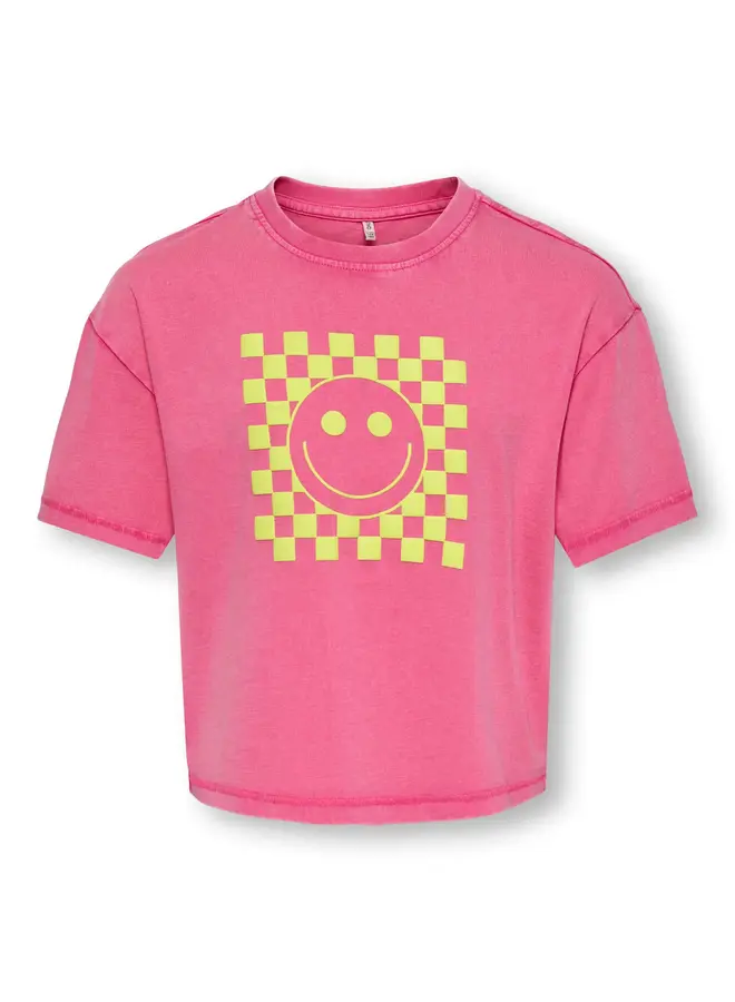 Kids Only - Pop life washed print boxy top - Magenta check/Smiley