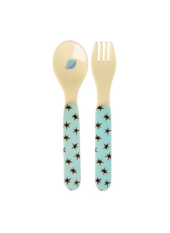 Baby lepel en vork - Zacht blauw dogs in space