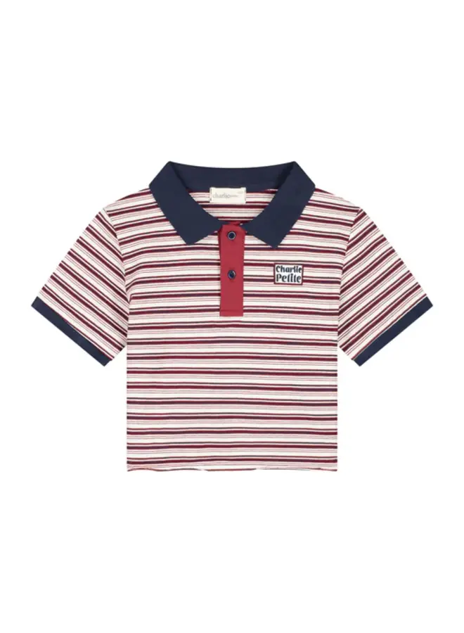 Charlie Petite - Pam cropped polo t-shirt - Stripes bordeaux/navy/ecru