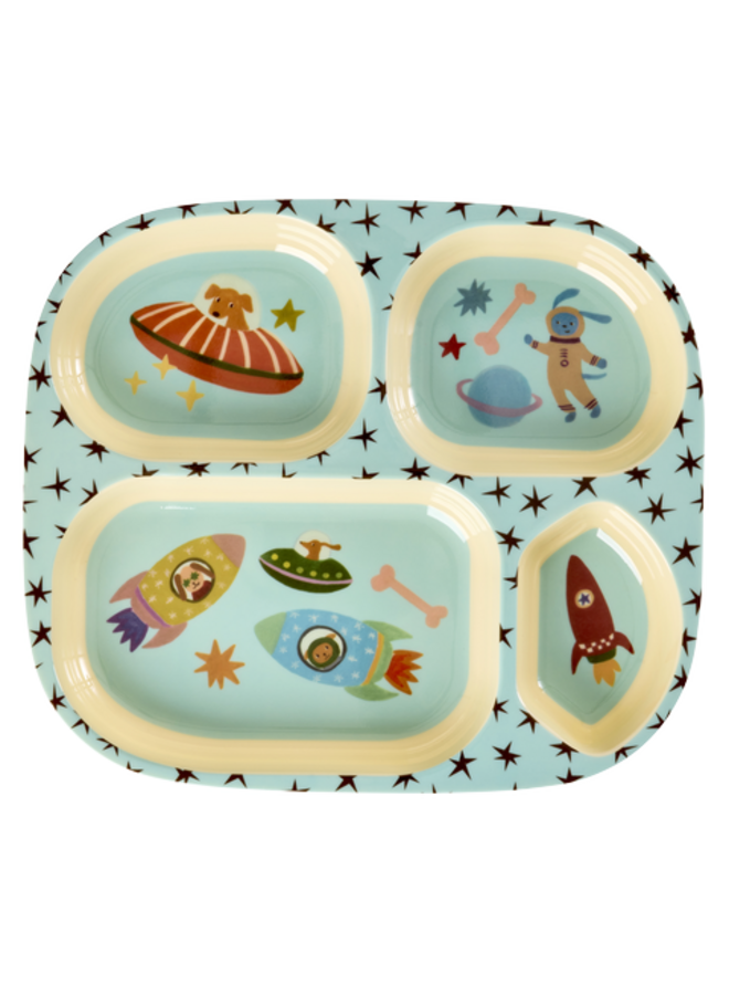 Melamine bord met 4 compartimenten – Zacht blauw dogs in space