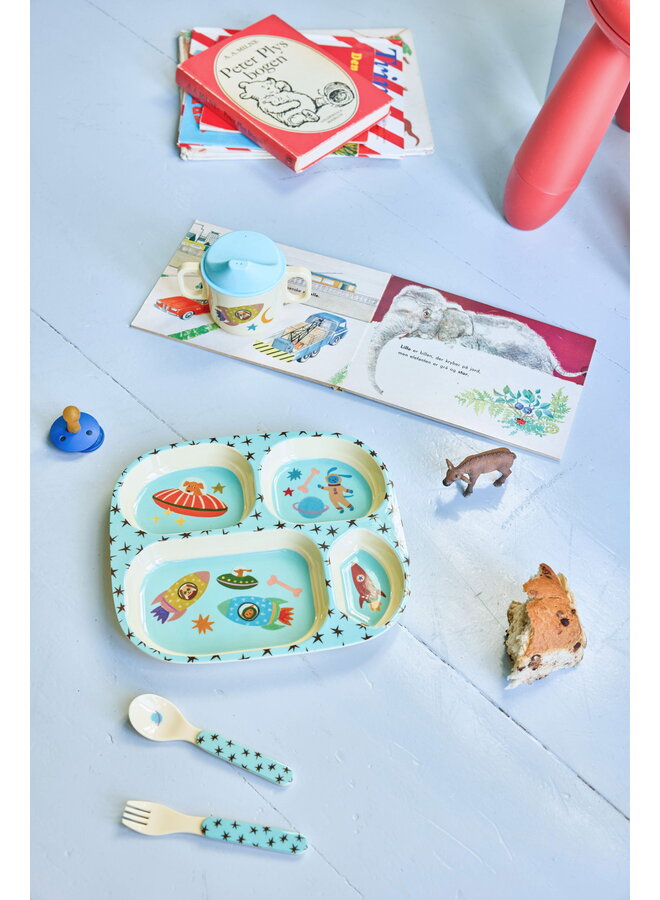 rice - Melamine bord met 4 compartimenten – Zacht blauw dogs in space