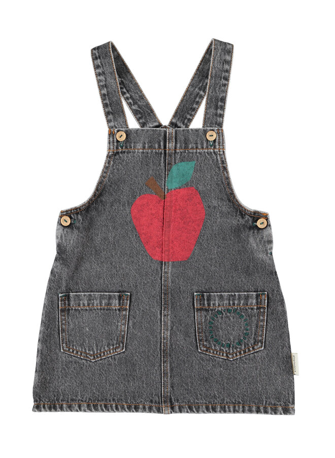 Short dress w/ straps - Washed black denim w/ apple print