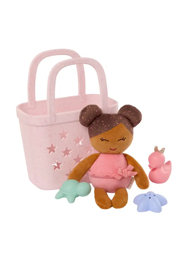 Bath doll w/ accessories in a basket - Brown hair