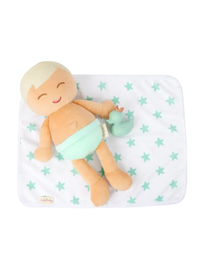 LullaBaby - Plush blond hair boy bath doll & accessory