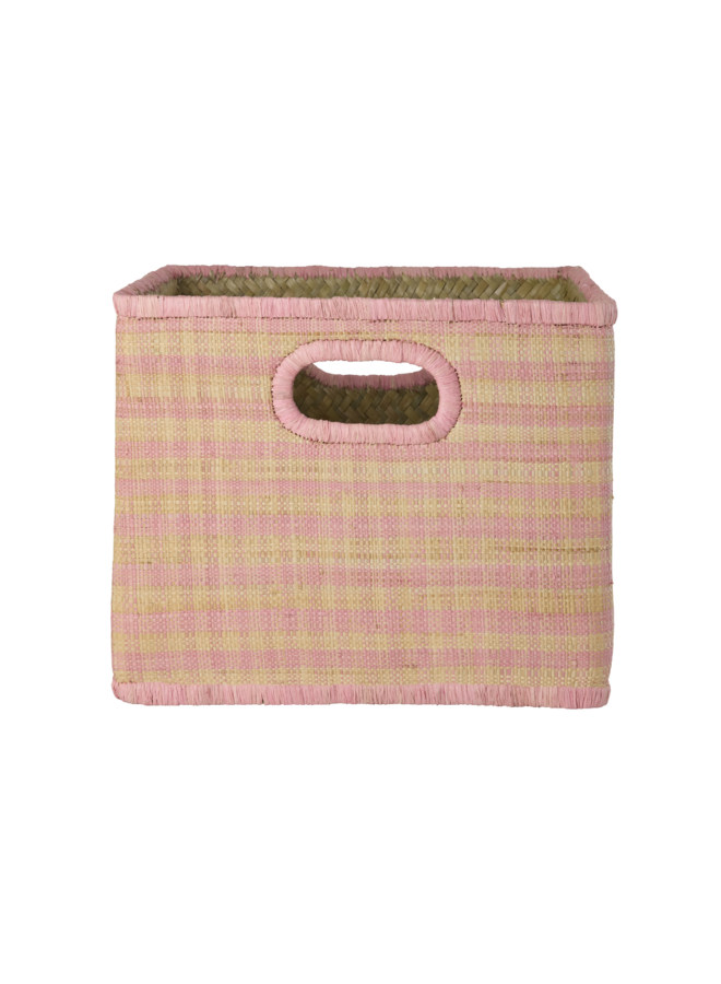 Groot vierkant raffia opbergmand- Roze