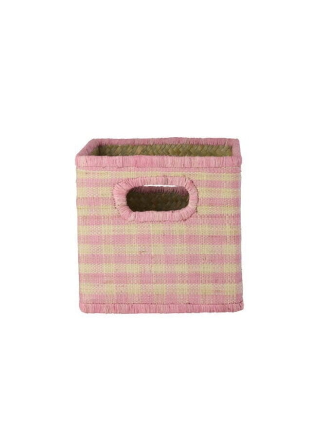 Klein vierkant raffia opbergmand - Roze