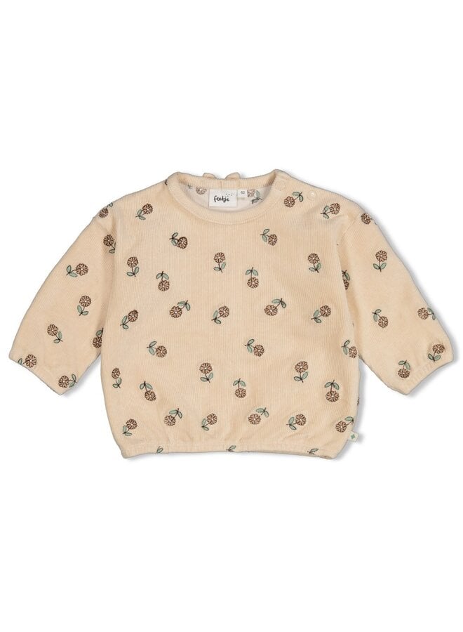 Sweater velours rib met borduursels - Lucky bloombird - Offwhite
