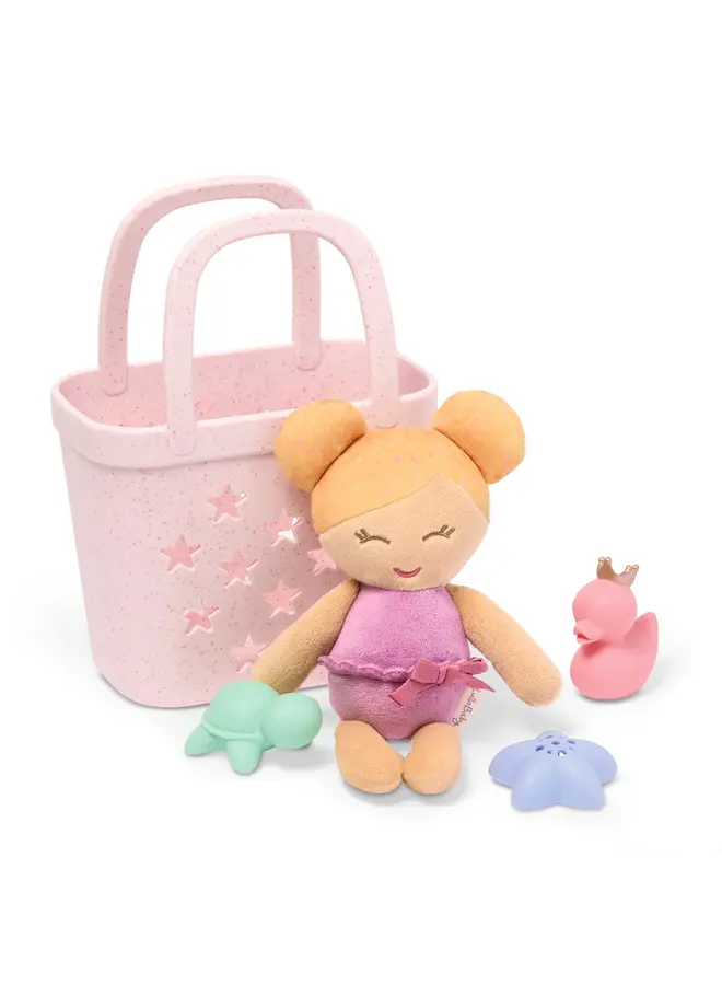 Bath doll w/ accessories in a basket - Blond hair