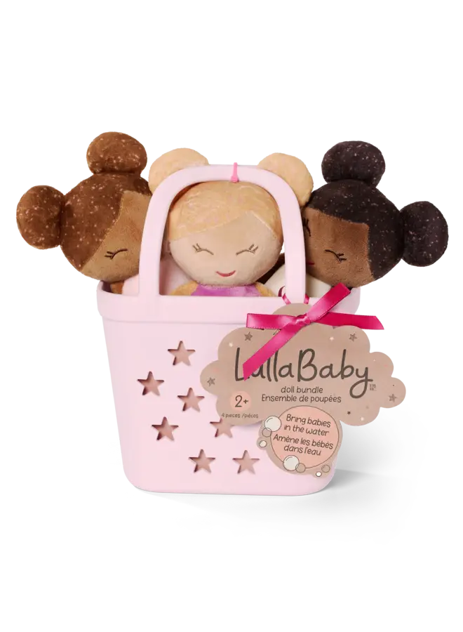 LullaBaby - 3 baby bath dolls in a basket playset - Pink