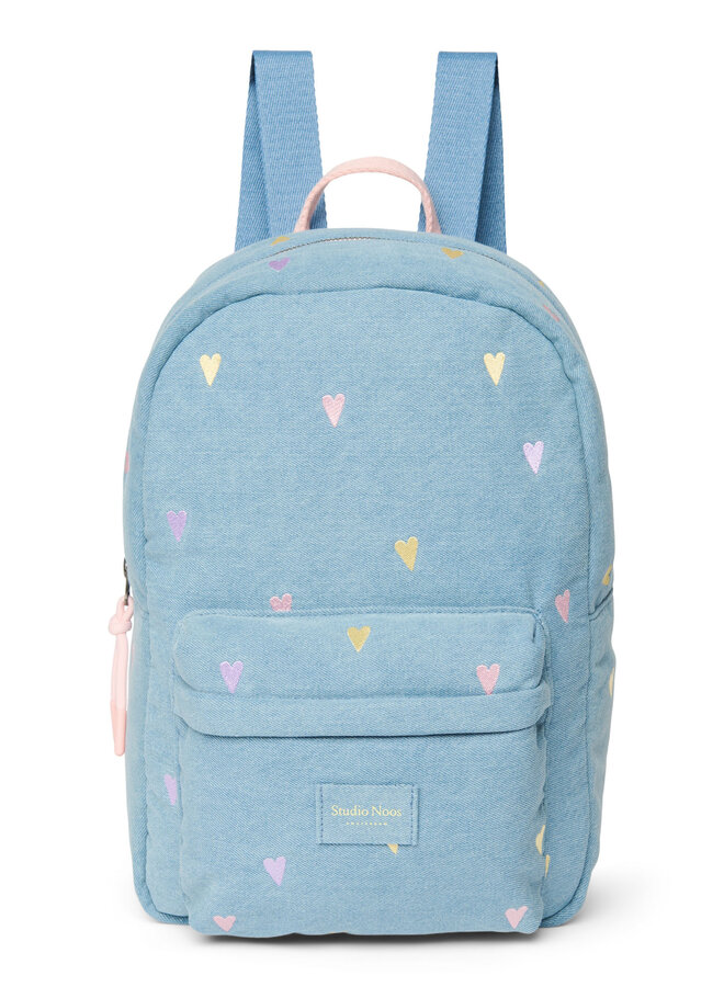 Denim midi backpack - Light blue hearts