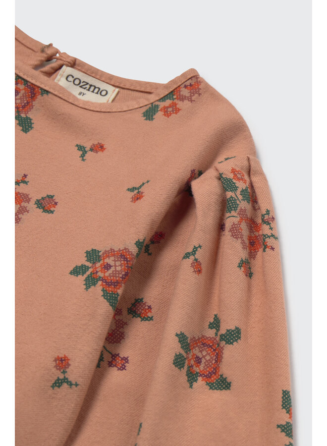 Cozmo - Oria cross stitch floral flannel blouse - Pink siena-cross stitch floral flannel