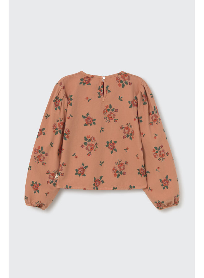 Cozmo - Oria cross stitch floral flannel blouse - Pink siena-cross stitch floral flannel