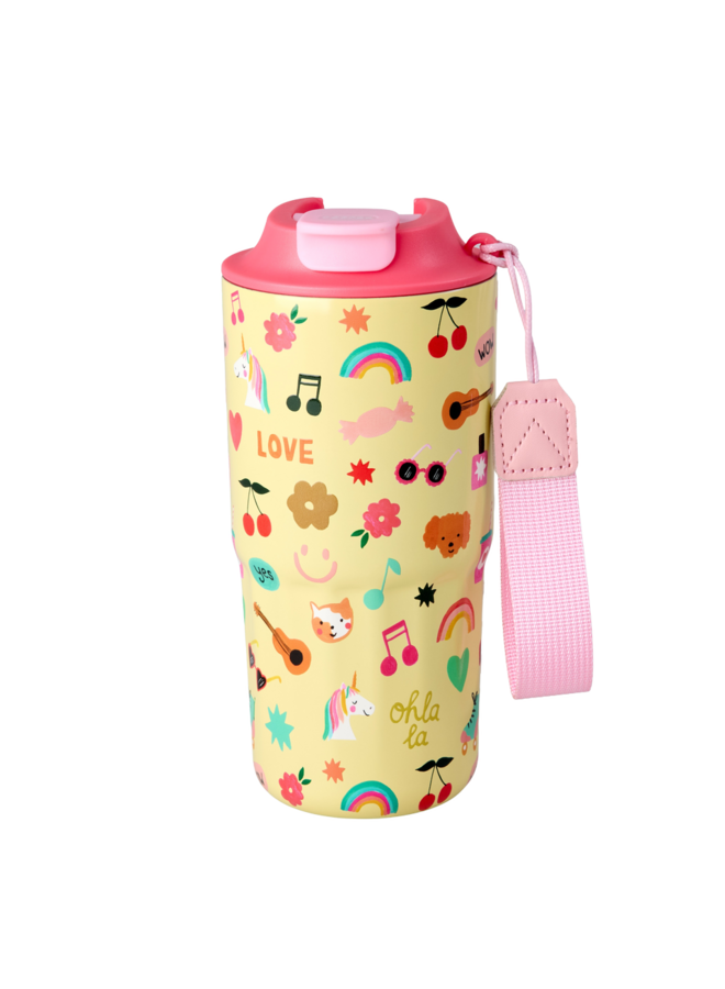 Thermobeker roestvrijstaal - Zachtgeel unicorn love print