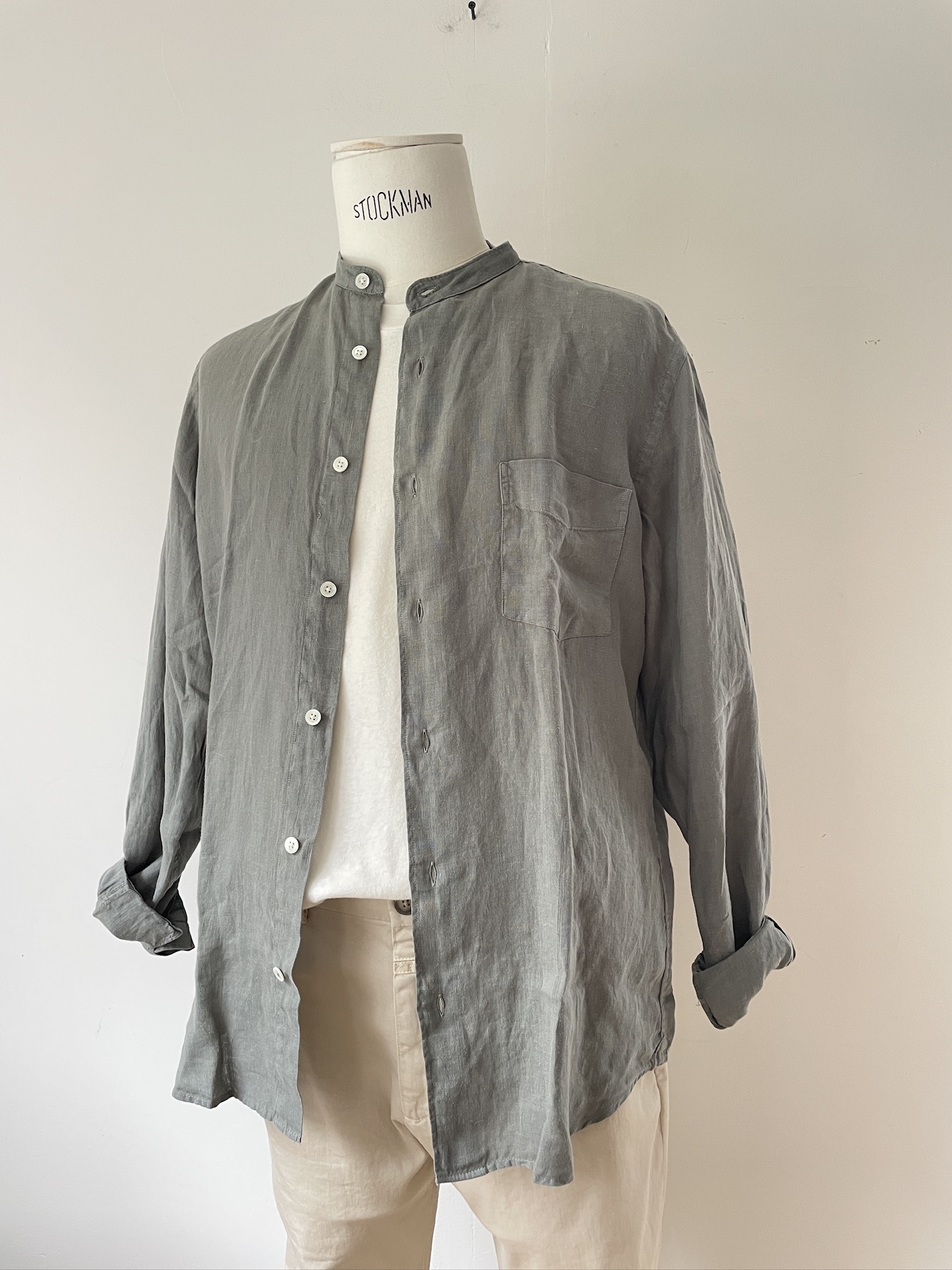 premium pat collarless shirt linen camo-1