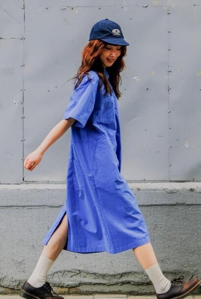 pocket half shirt dress sky  blue one size