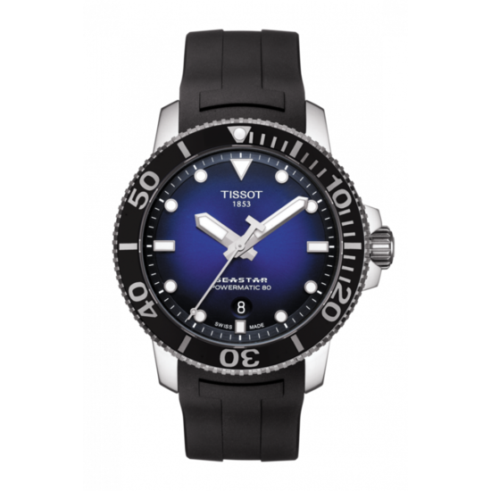 Tissot TISSOT Heren Seastar T120.407.17.041.00 | 43mm, Powermatic 80, staal/rubber zwart, rond, zwarte-blauwe wijzerplaat, saf. glas, 30Atm