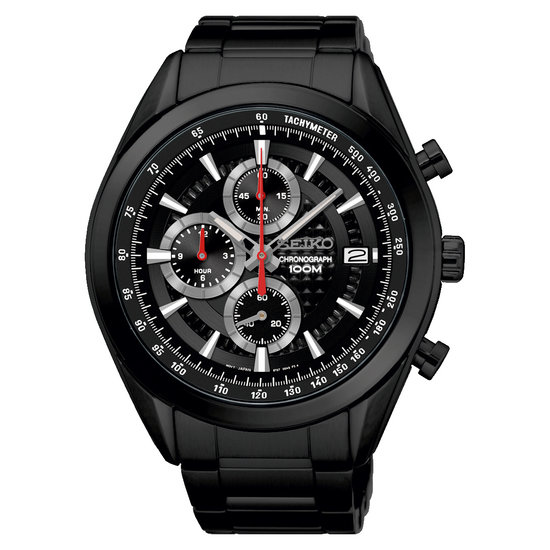 Seiko SEIKO Heren Chronograaf, staal zwart carbonised, zwarte wijzerplaat, rode accenten, 10ATM