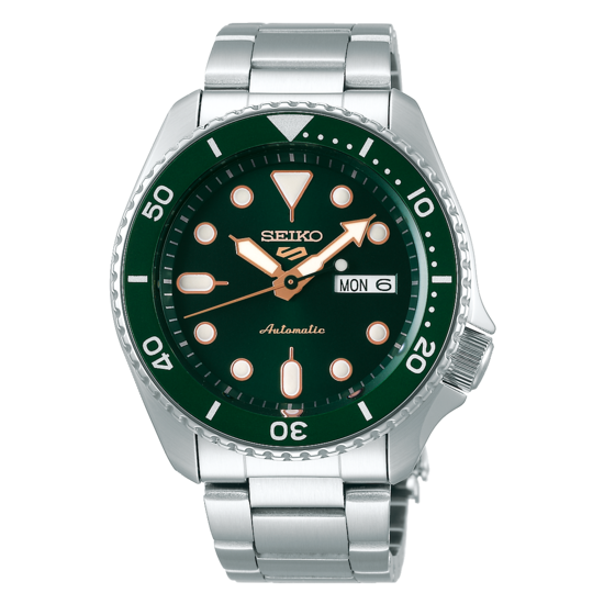 Seiko SEIKO 5 SPORTS Automaat, staal/staal, groene wijzerplaat en lunette, 10Atm