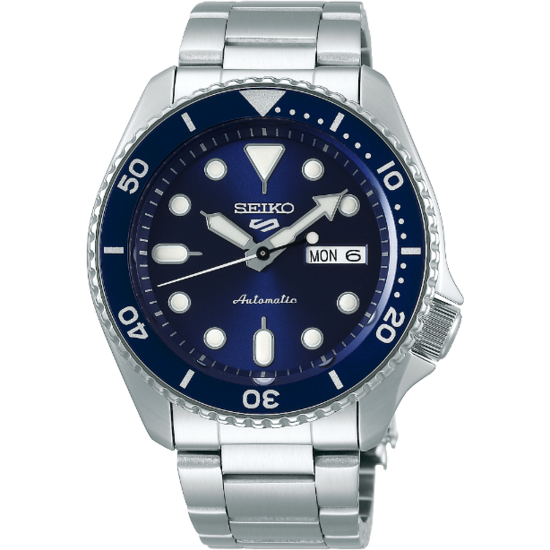 Seiko SEIKO 5 SPORTS Automaat, staal/staal, blauwe wijzerplaat en lunette, 10Atm