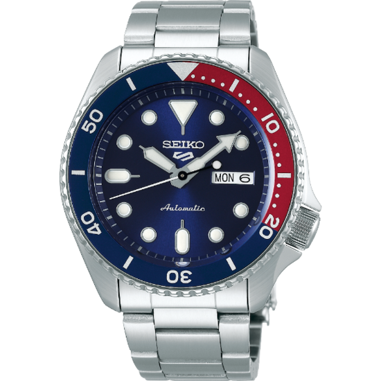 Seiko SEIKO 5 SPORTS Heren Automaat, staal/staal, blauwe wijzerplaat en blauw-rode lunette, 10Atm